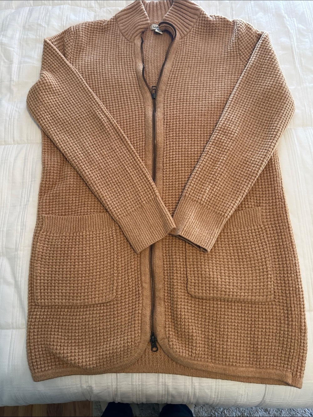 LL BEAN Long Classic Zip-Front Waffle Knit Long Cardigan - Camel